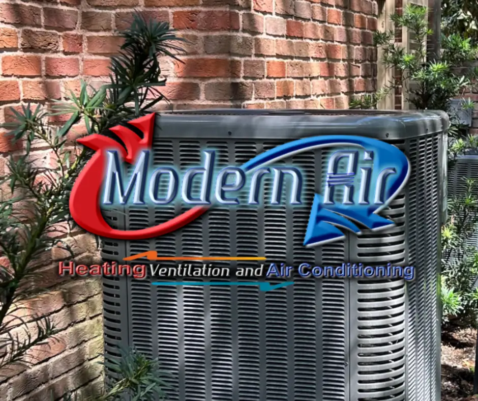 New AC condenser with Modern Air of Katy logo